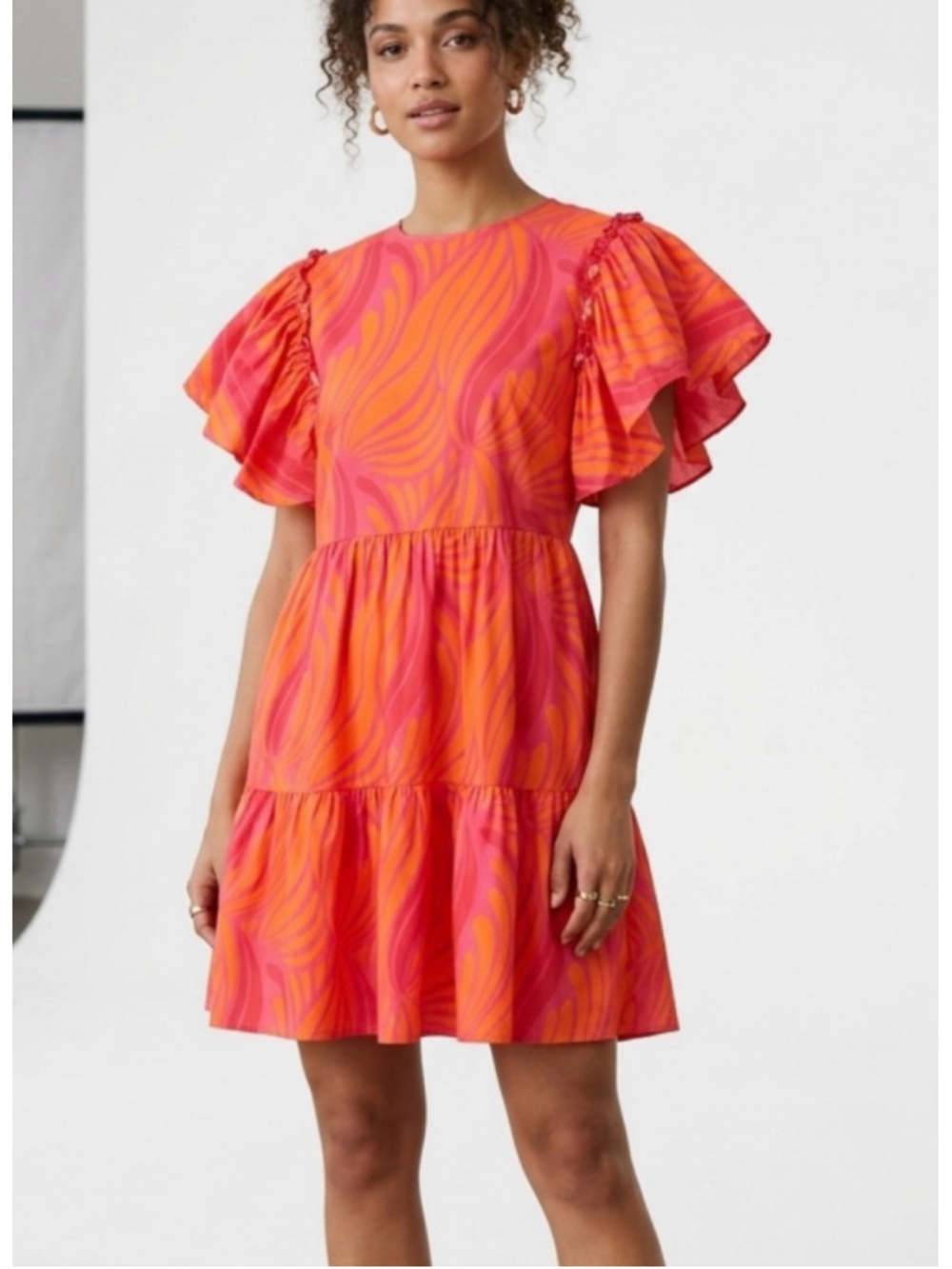 Women's ChePè Italian made Pink/Orange Abstract Print Tiered Ruffle Sleeve 1967